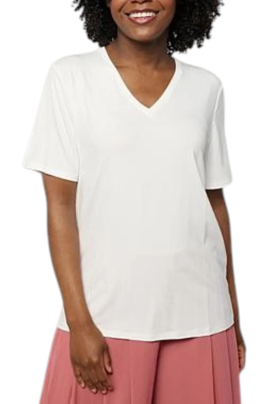 WynneLayers Women's Solid Rayon Spandex V-Neck Tee Shirt Cloud - Regular